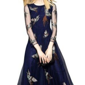 Shiran Fushi NWT Blue Chiffon Overlay Bird Embroidered Unique Midi Dress Size L